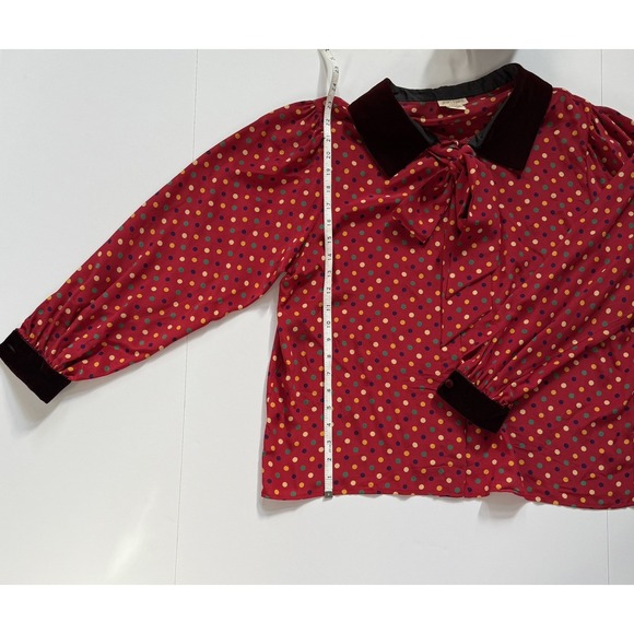 VTG Jean Halm Women's 14 Red Polka Dot 100% Silk Blouse Neck Tie Velvet Accents - Picture 15 of 16